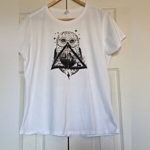 Harry Potter Hedwig Owl & Deathly Hallows Graphic Women's White T Shirt, Size XL